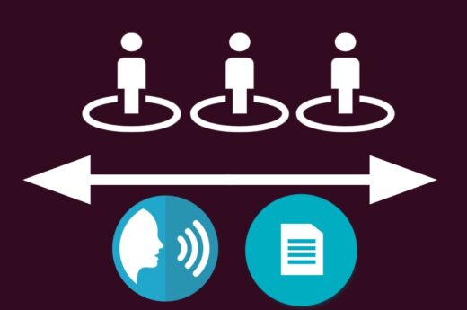 A graphic shows three person-shaped icons with an arrow extending left and right below them. Below that are two icons symbolizing speaking and writing.