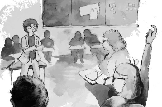 An illustration depicts instructors gathered together in a classroom. At the center of the classroom, the workshop leader (who is the only figure standing up) crosses her arms as she dialogs with two other instructors who are visibly frustrated.