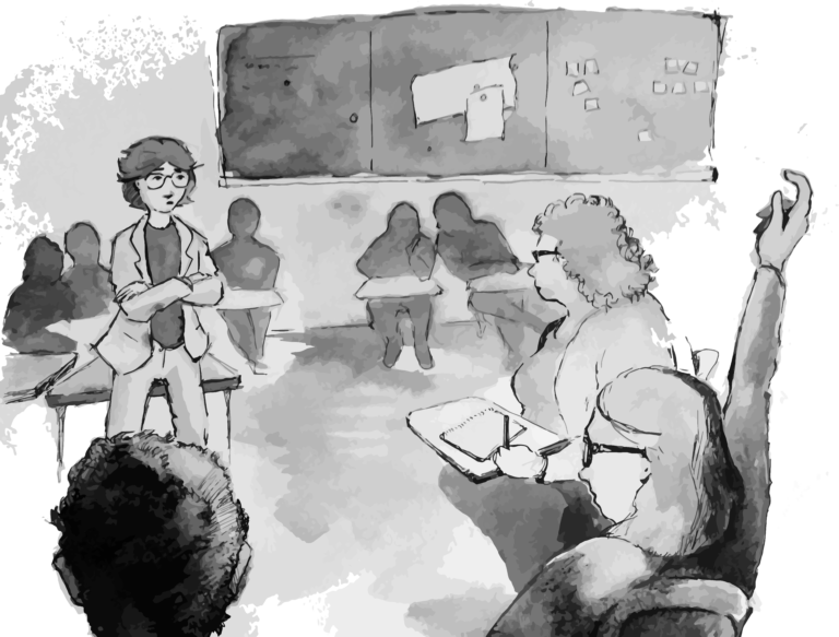 An illustration depicts instructors gathered together in a classroom. At the center of the classroom, the workshop leader (who is the only figure standing up) crosses her arms as she dialogs with two other instructors who are visibly frustrated.