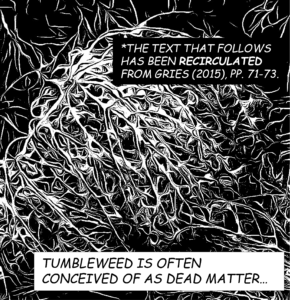 A black-and-white stylized image of a tumble weed. A caption reads: "*THE TEXT THAT FOLLOWS HAS BEEN RECIRCULATEDFROM GRIES (2015), PP. 71-73." Another caption reads: "TUMBLEWEED IS OFTEN CONCEIVED OF AS DEAD MATTER…"