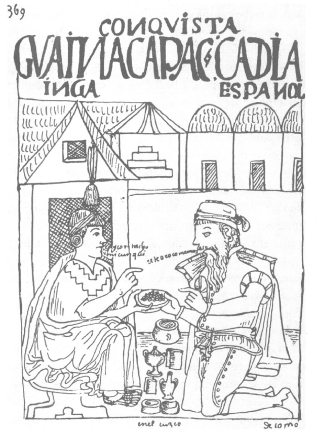 An illustration from Guaman Poma's New Chronicle, which Mary Louise Pratt uses as a case study to construct her theory of contact zones.
