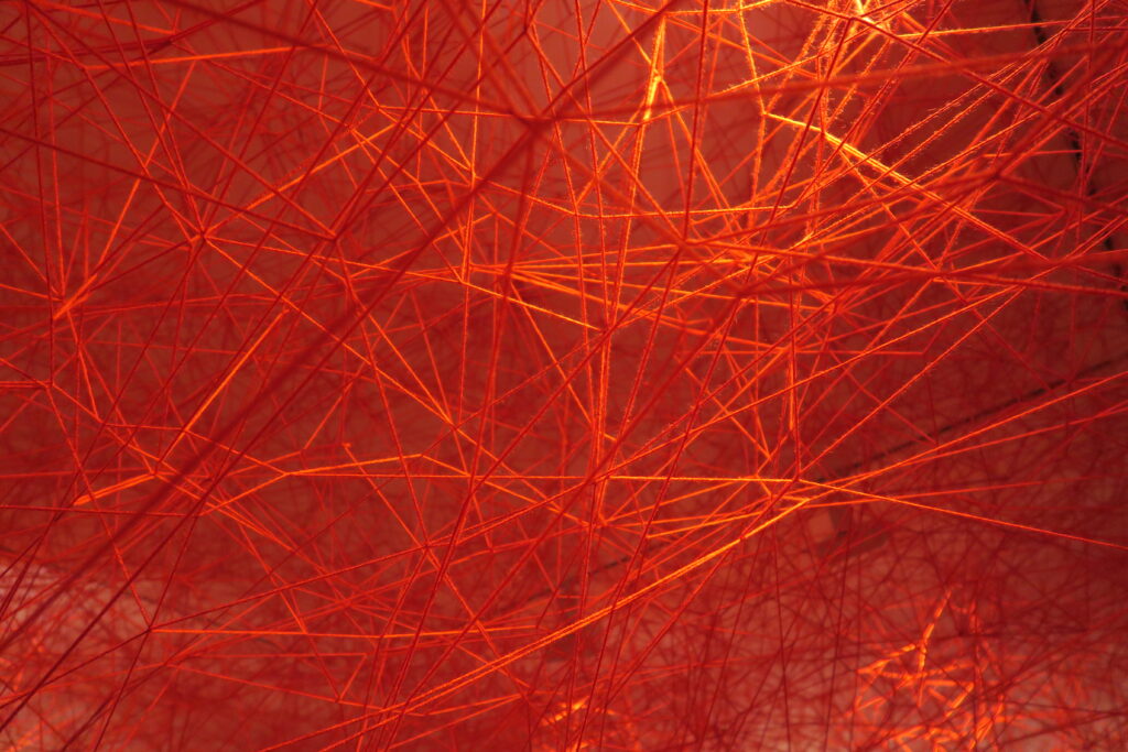 A dense web of overlapping red threads from an installation by Chiharu Shiota