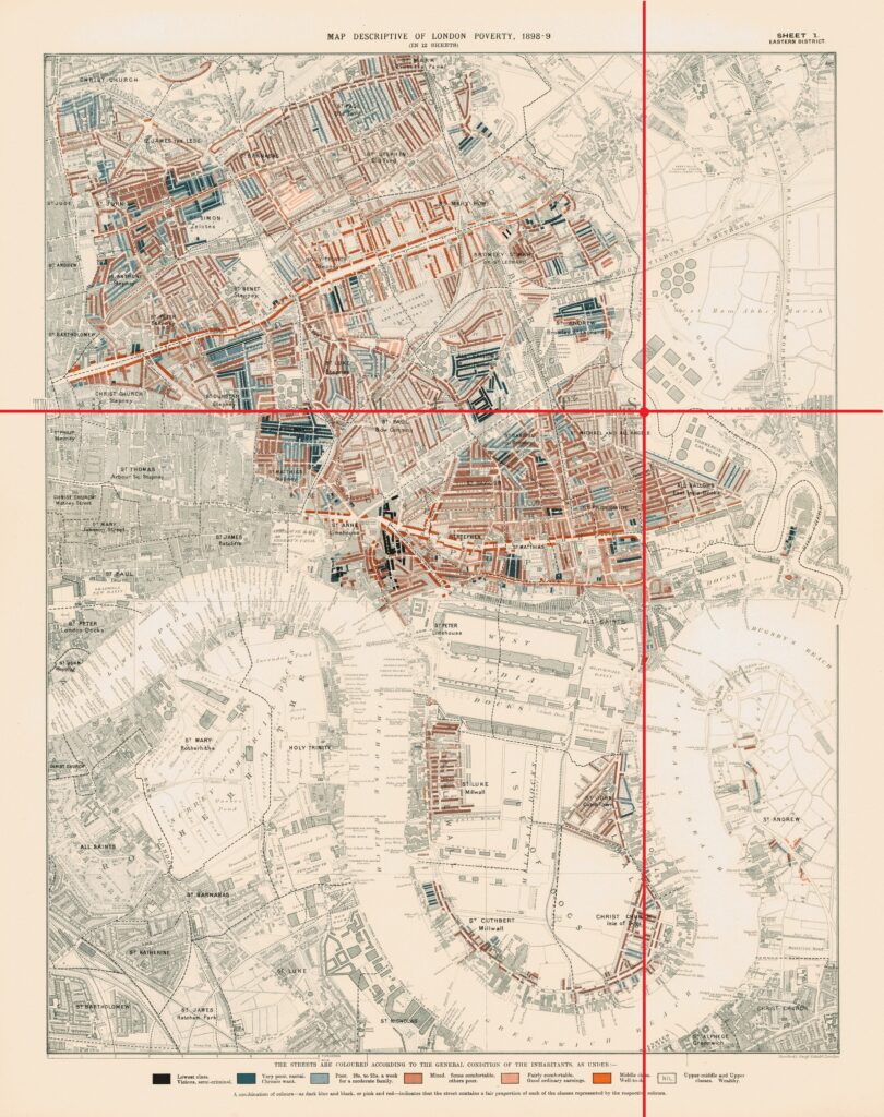 A map of a city with two intersecting lines overlaid onto it