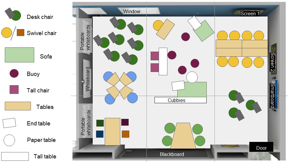 A floor plan of the Active Learning Center, which features dynamic furniture on casters that can be reconfigured into various layouts.