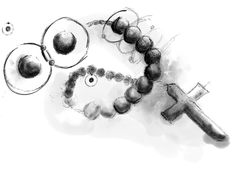 An image of two atoms bonded by electrons, which become chains of atoms disappearing into infinity.
