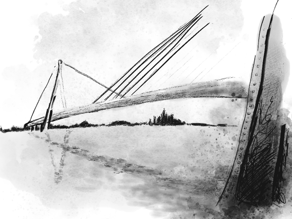 A drawing of a cable-stayed bridge, reflected in the water it crosses below
