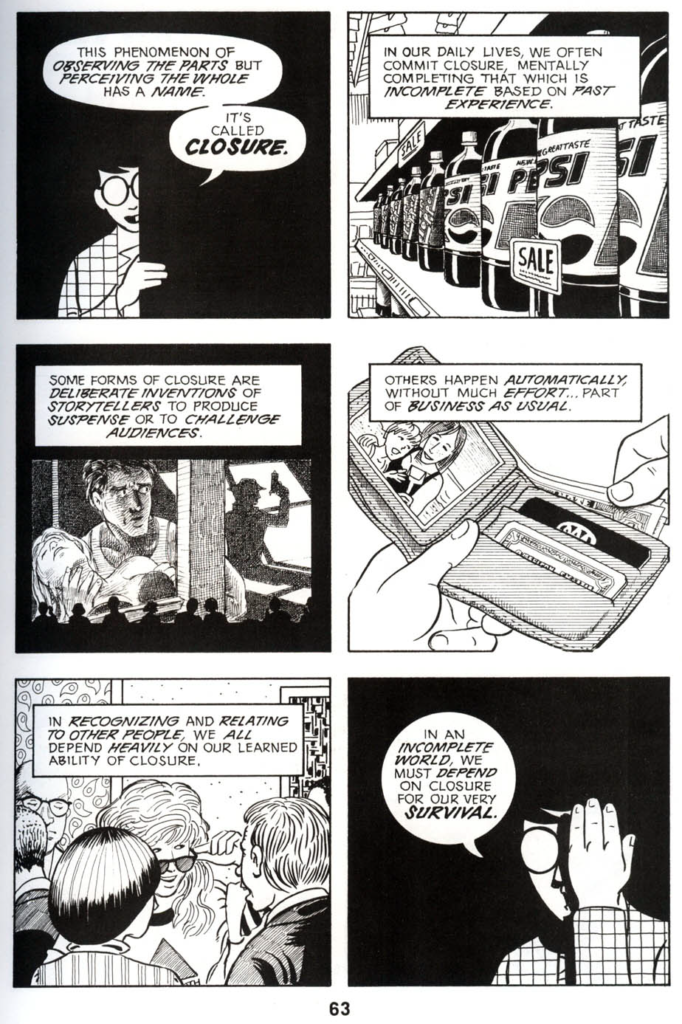 Panels from Scott McCloud's "Understanding Comics" explaining the concept of closure. Text: "