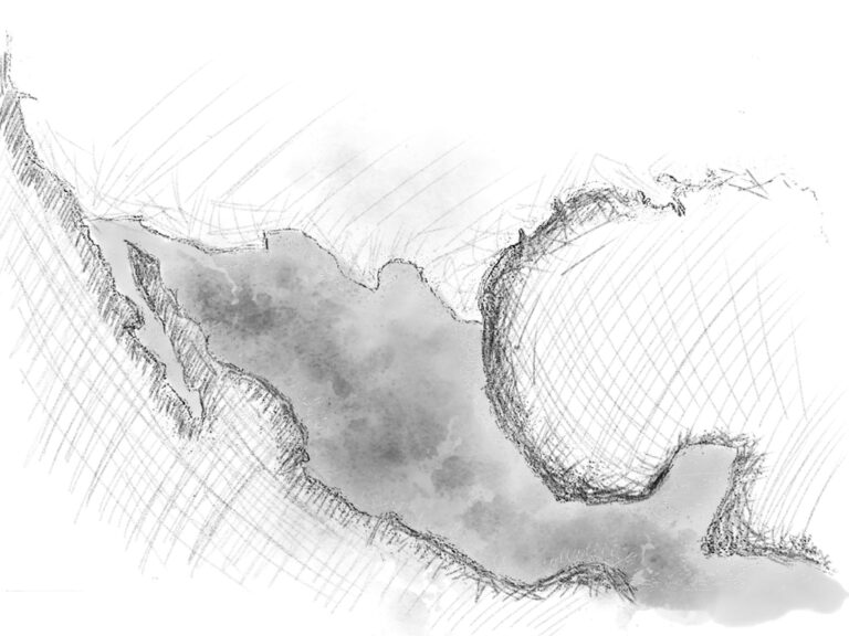A drawing of Mexico, shaded to throw the borders of the country into sharp relief