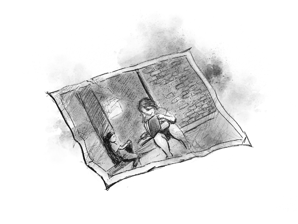 A drawing of a photo of a woman sitting on the curb reading to a girl