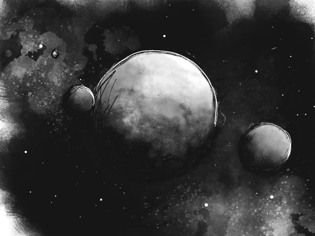 A drawing of a planet with other planets or moons in orbit around it