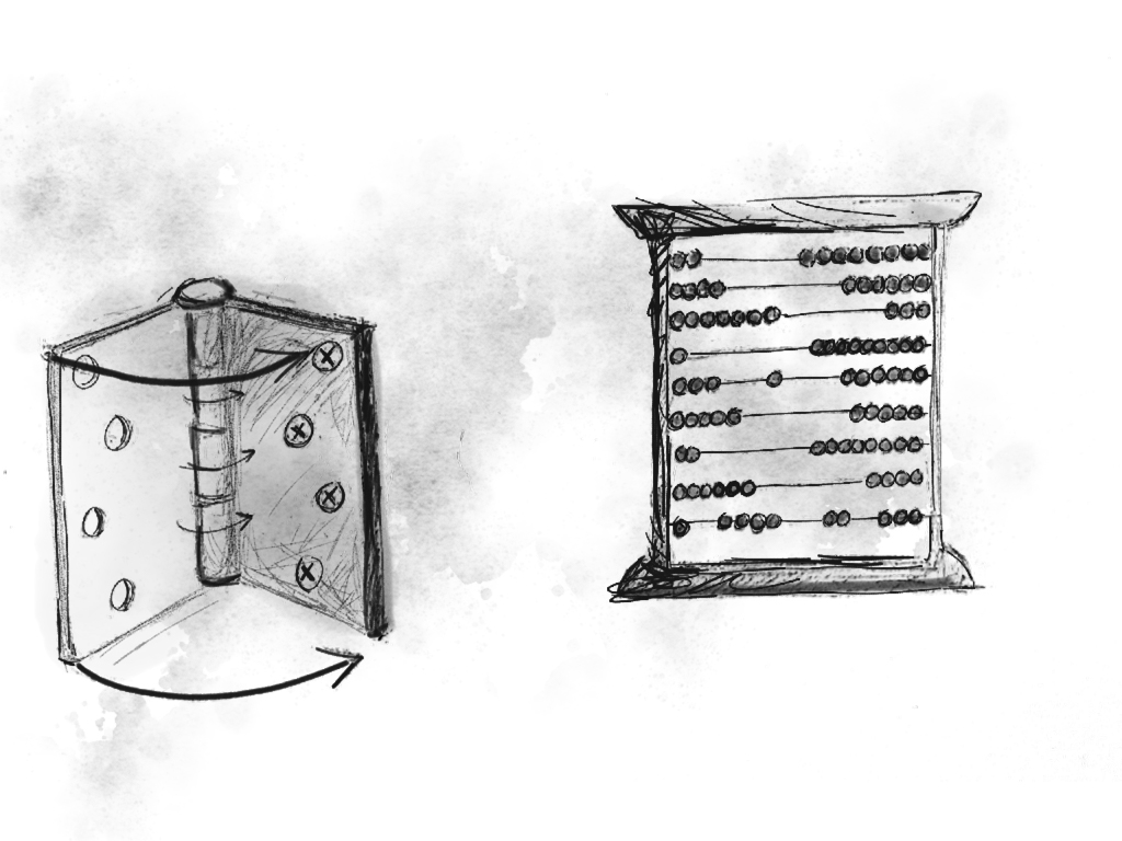 A drawing of a hinge and an abacus, two devices with moving/sliding parts